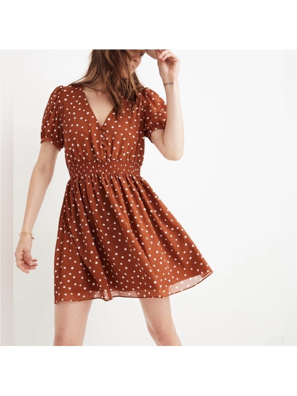 Madewell Rust Polka Dot V-Neck Midi Dress